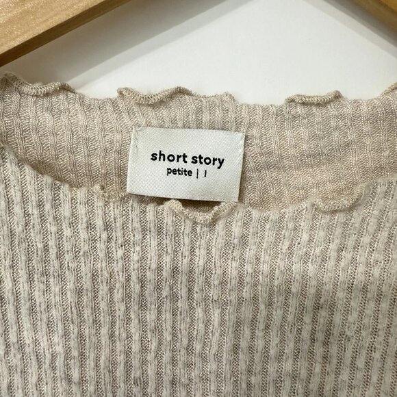 Short Story Ribbed Sweater Size Large Petite Blush Ruffle Trim Stretchy Soft - Picture 4 of 7